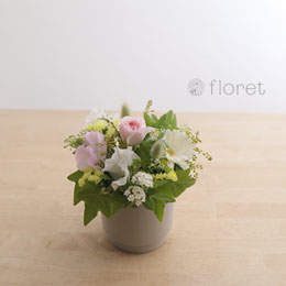 春の花とグリーンを集めたちいさなポットアレンジメント